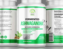 Close-up of an ashwagandha supplement bottle with capsules, showcasing its use for stress reduction and energy enhancement.