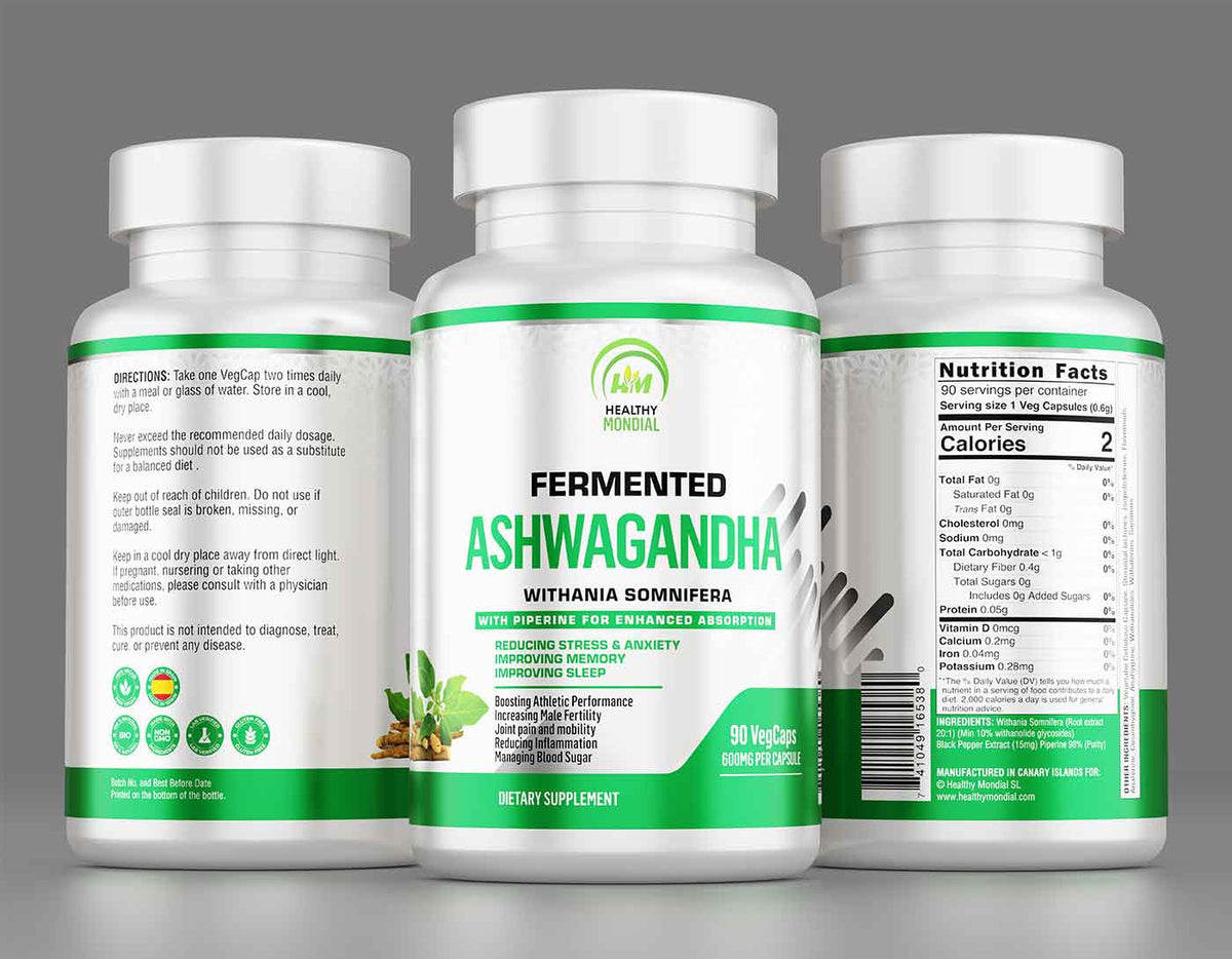 Bottle of ashwagandha supplement with capsules, highlighting its adaptogenic properties for stress relief and vitality.