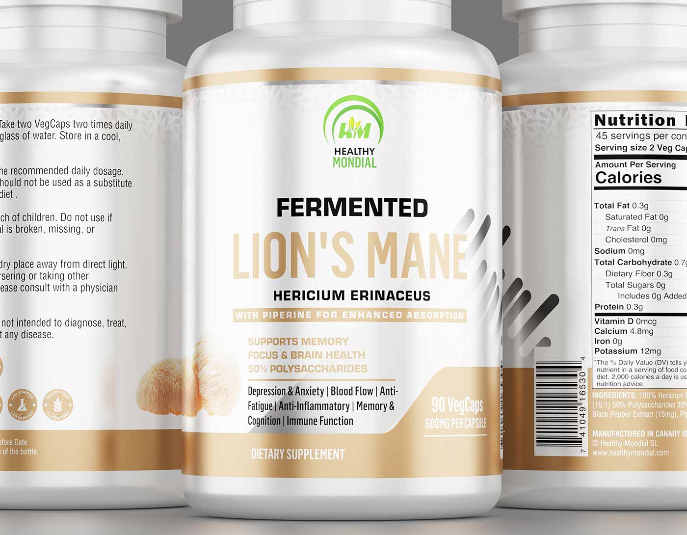 Close-up bottle of lion's mane supplement with capsules, emphasizing its brain-boosting and nerve-regenerating properties.