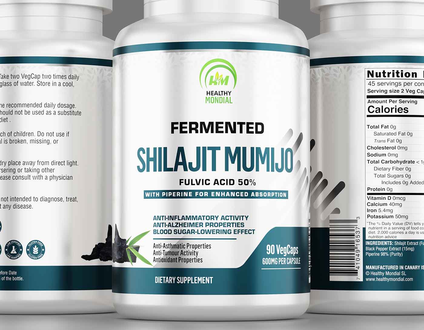 Close-up of shilajit mumijo supplement bottle with capsules, highlighting its organic essence and health advantages.