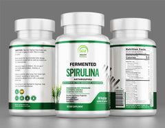 Bottle of Spirulina supplement capsules, emphasizing their vibrant green color and potential health benefits.